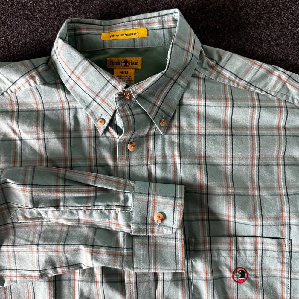 Duck Head Mens Plaid Button Down Shirt Green Orange Wrinkle Resistant Medium